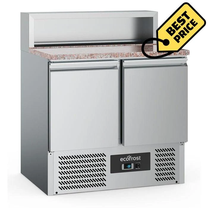 Banc refrigerat pizza din inox, blat granit, cu 2 usi, Temp. +2 / +8 °C, cu locas pt 5 cuve GN 1/6, agregar inferior