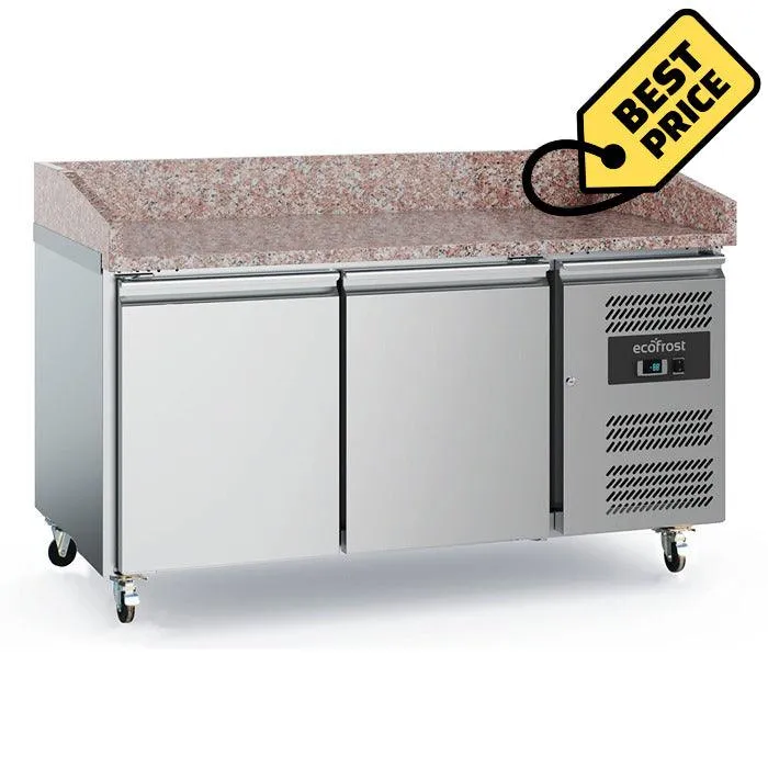 Banc refrigerat pizza din inox, blat granit, cu 2 usi, Temp. +2 / +8 °C, dotat cu roti