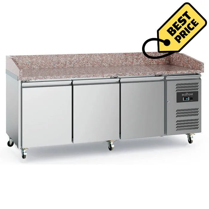 Banc refrigerat pizza din inox, blat granit, cu 3 usi, Temp. +2 / +8 °C, dotat cu roti