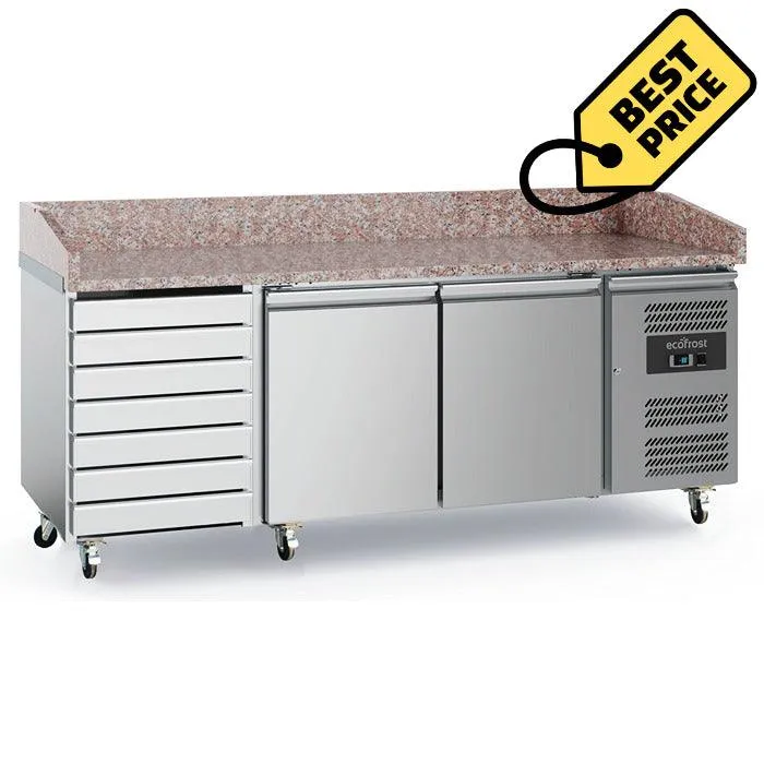 Banc refrigerat pizza din inox, blat granit, cu 2 usi si 7 sertare, Temp. +2 / +8 °C, dotat cu roti