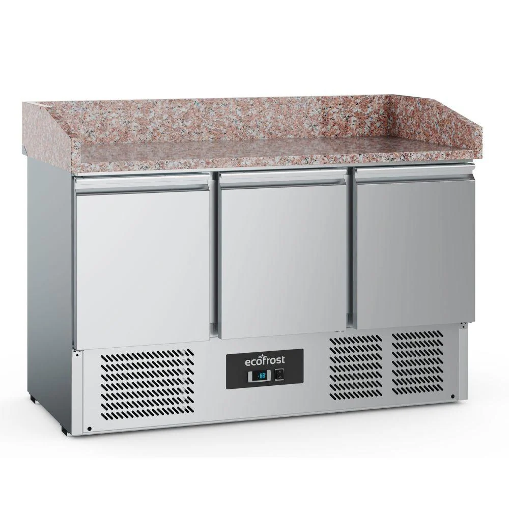 Banc refrigerat pizza din inox, blat granit, cu 3 usi, Temp. +2 / +8 °C, agregat inferior