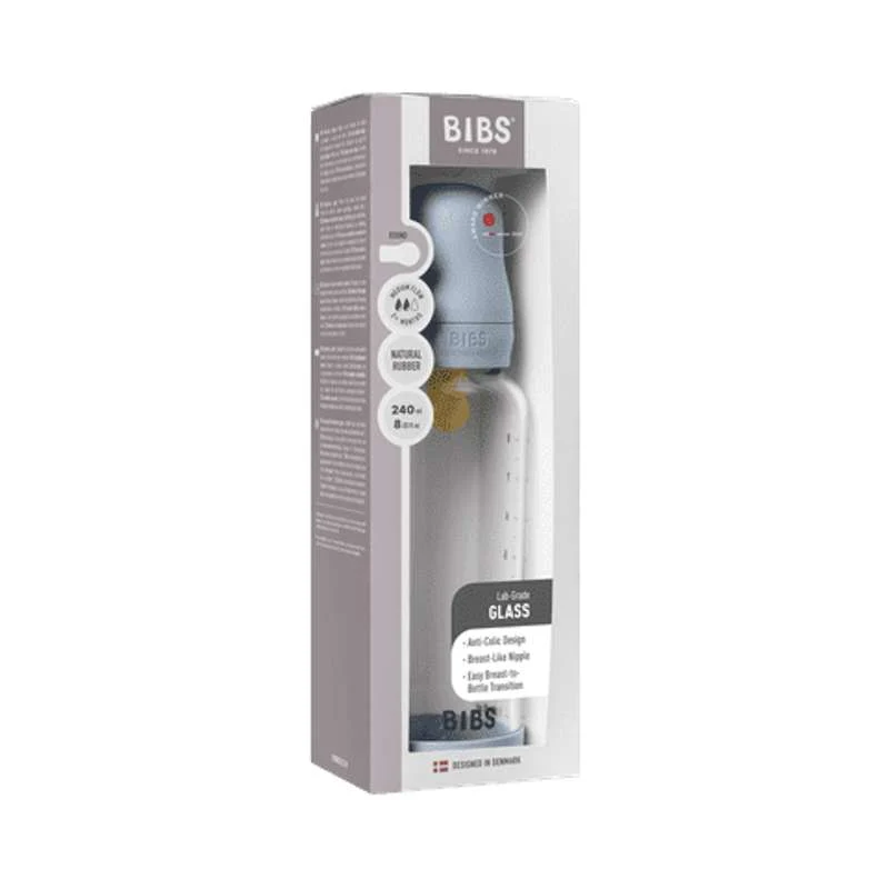 BIBS Bottle - Sutteflaskesæt - Glas - Latex/Medium Flow/Rund - 240 ml. - Baby Blue
