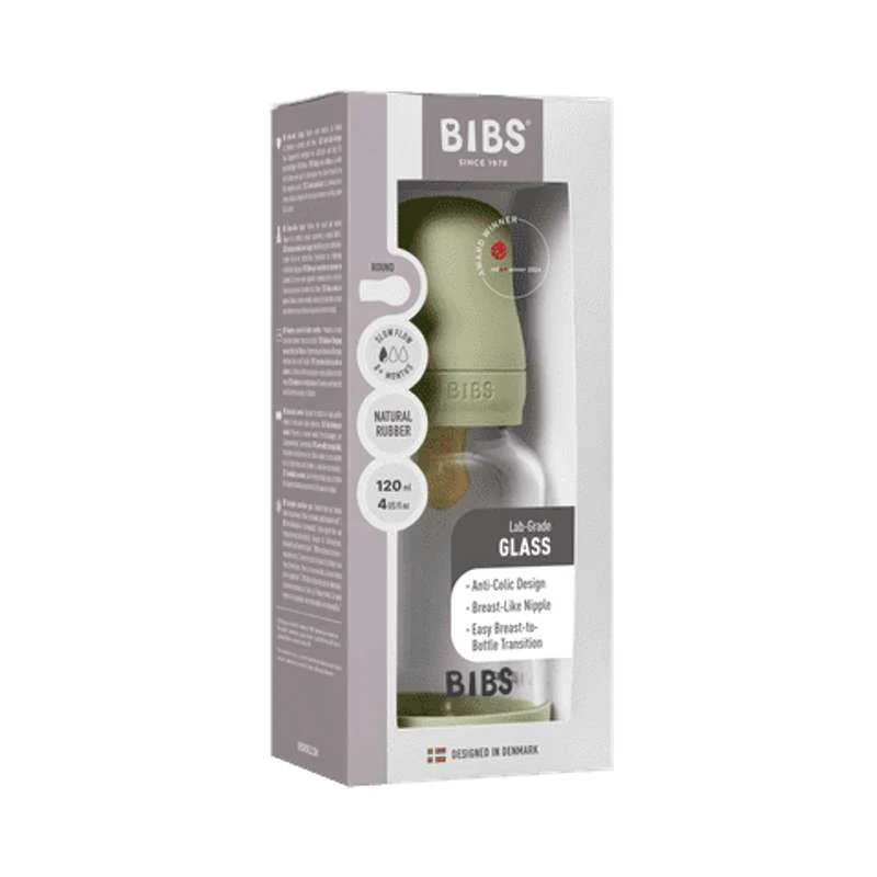BIBS Bottle - Sutteflaskesæt - Glas - Latex/Slow Flow/Rund - 120 ml. - Sage