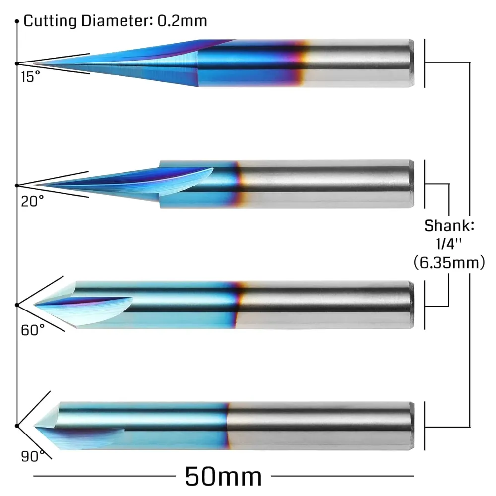 LUNYEE CNC Wood Carving Router Bits Set, 1/4'' Shank, 4 PCS
