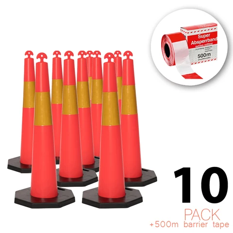(10 Set) Flexibarrier T-Top Con rutier cu bază de 8 kg + 500 m Bandă delimitare – 115 cm