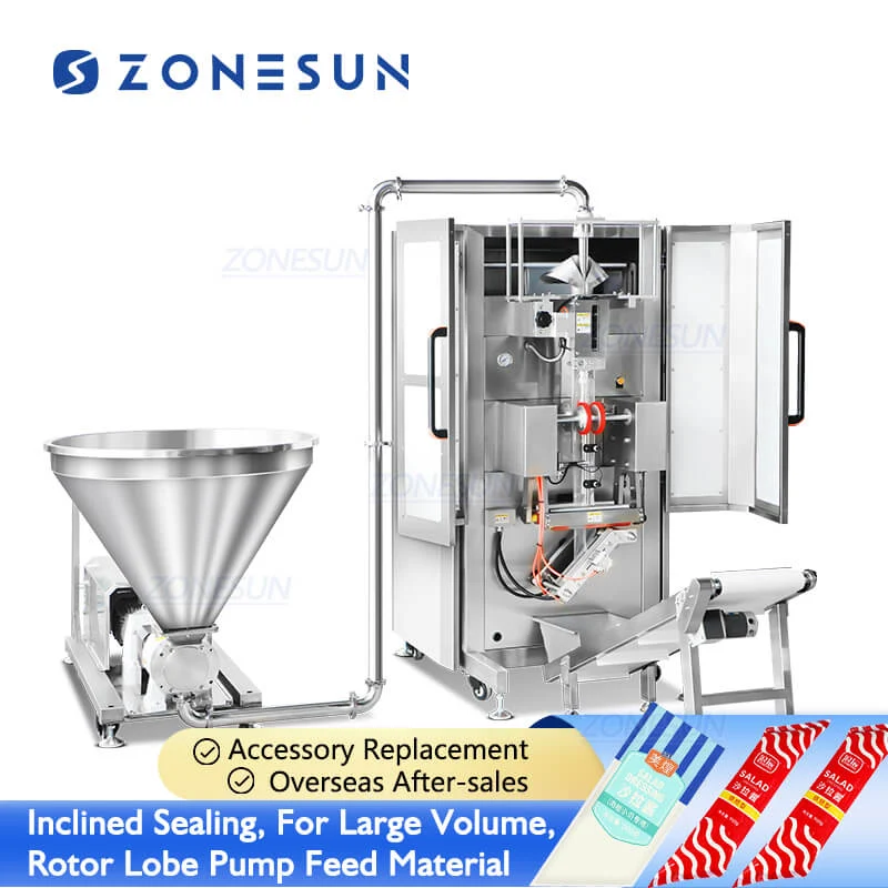 ZONESUN ZS-RPFS120X Pompă cu lobi cu rotor automată Sos pentru sos de salată Plic de umplere verticală Mașă de ambalat