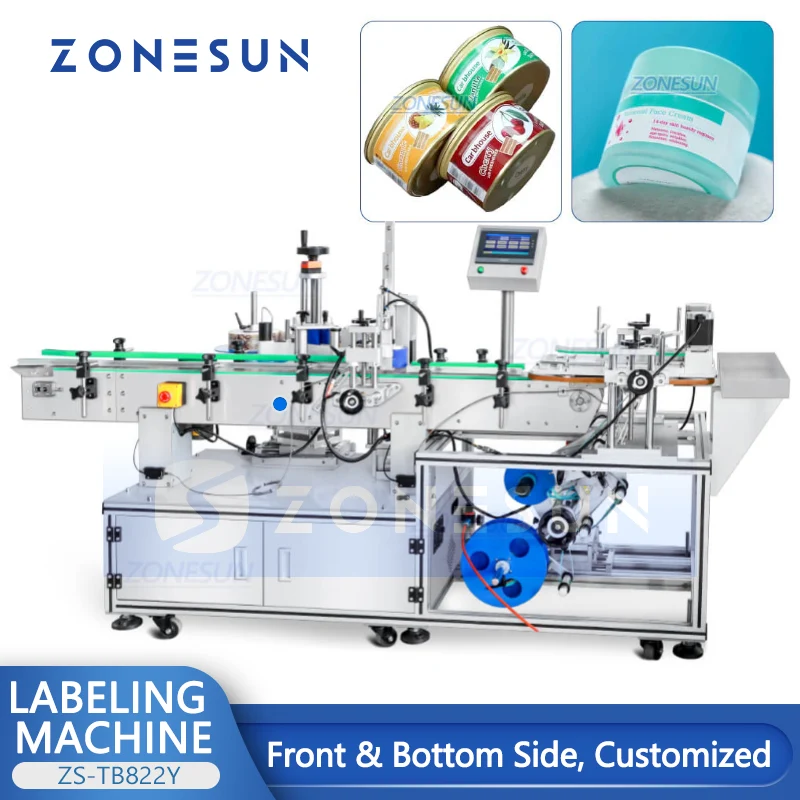 ZONESUN ZS-TB822Y Automatic Front Side & Bottom Side Labeling Machine Luncheon Meat Round Metal Cans Coemstic Bottle Canned