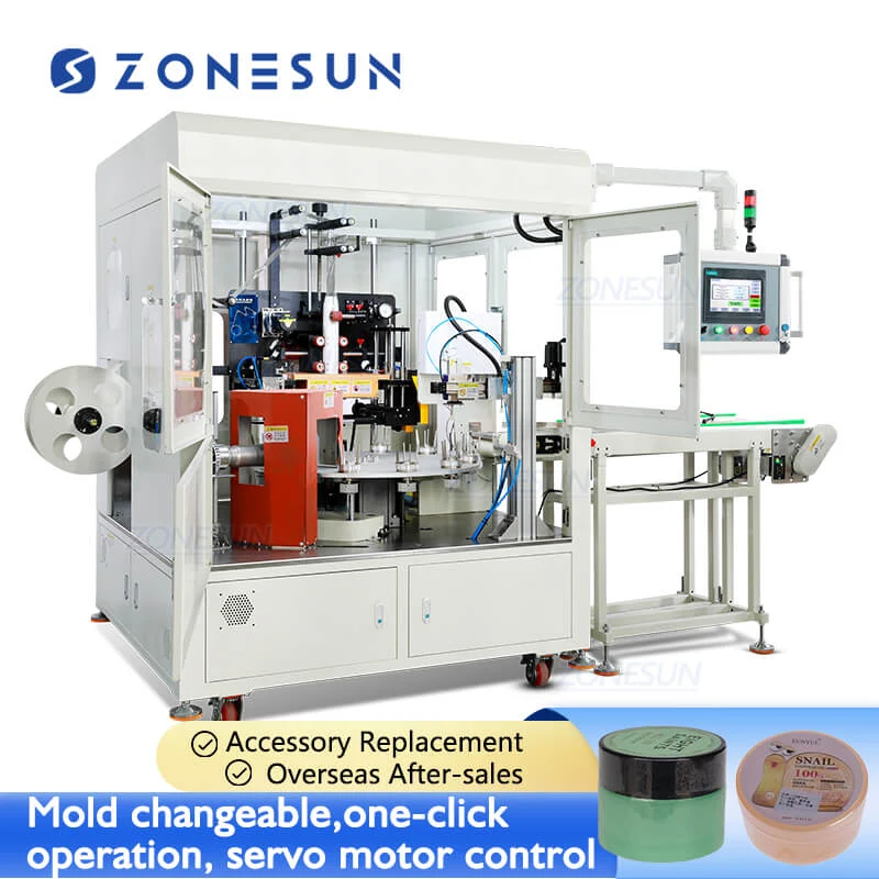 Zonesun ZS-UDTB50 Servom Rotary Rotary Turnate Borcane cosmetice Brichete rotunde Mașă de etichetare cu mânecă de micșorare