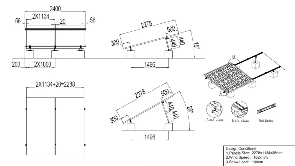 Kit complet de montaj pentru 2 panouri - Reglabil 15-30°
