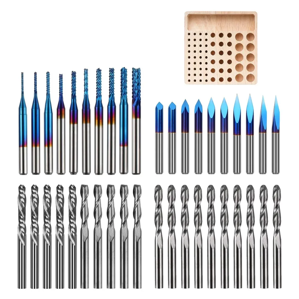 40pcs End Mills CNC Router Bits Milling Bit Storage Tray, 1/8" Shank CNC Cutter Milling Carving Bit Set Including 2-Flute...