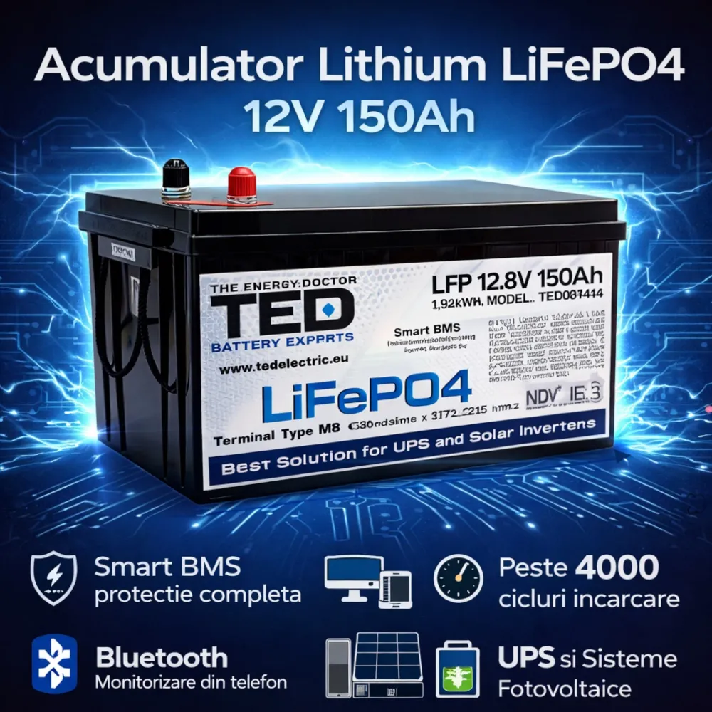 Acumulator LiFePO4 12V 150Ah cu Smart BMS si Bluetooth