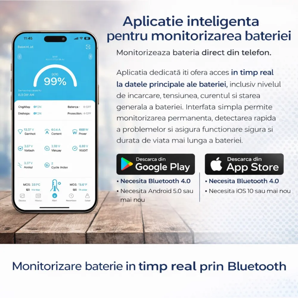 Acumulator LiFePO4 12V 200Ah cu Smart BMS si Bluetooth