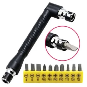 Adaptor cotit L la 90°, pt. bituri, prindere hexagonala + set 10 bituri cadou