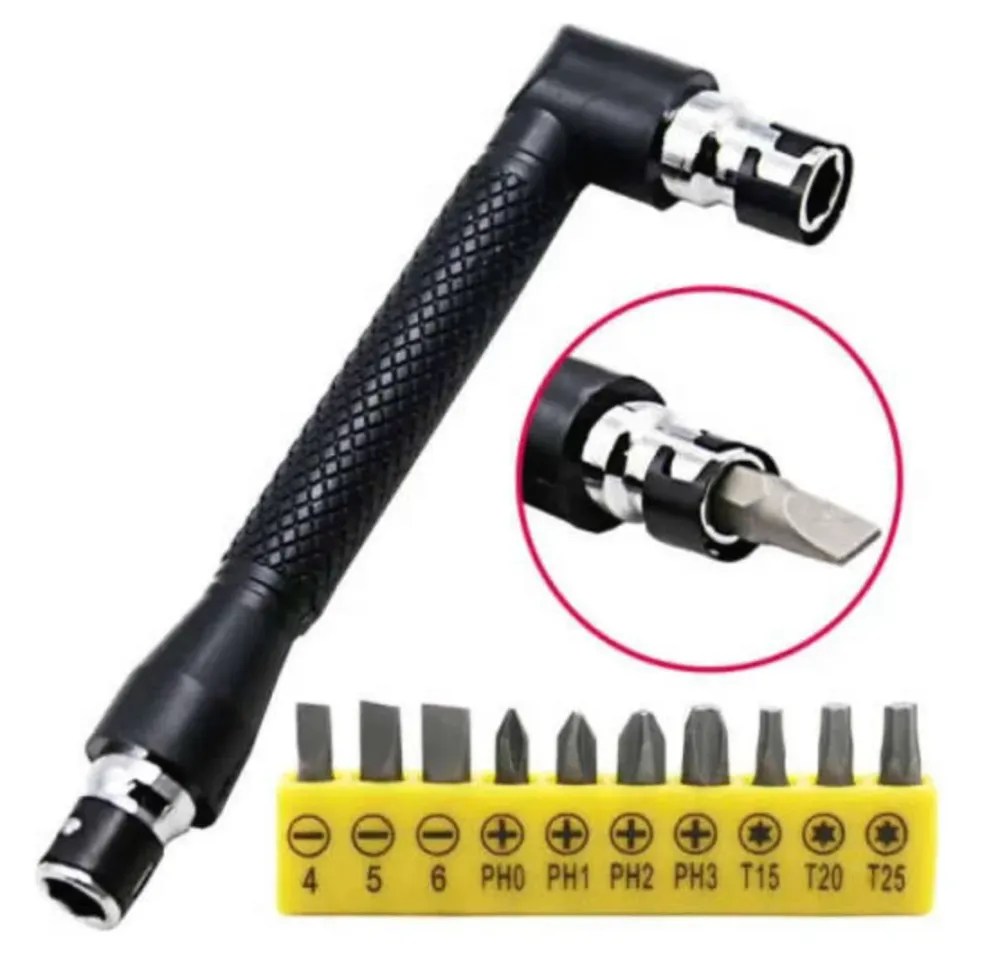 Adaptor cotit L la 90°, pt. bituri, prindere hexagonala + set 10 bituri cadou