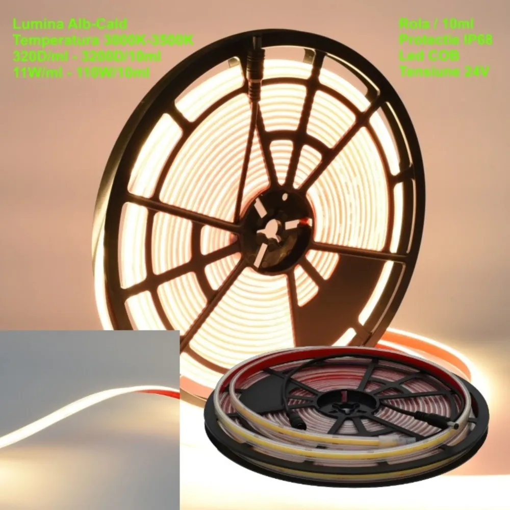 Banda LED COB 24V 11mm 320 LED/m Alb Cald IP68 10m