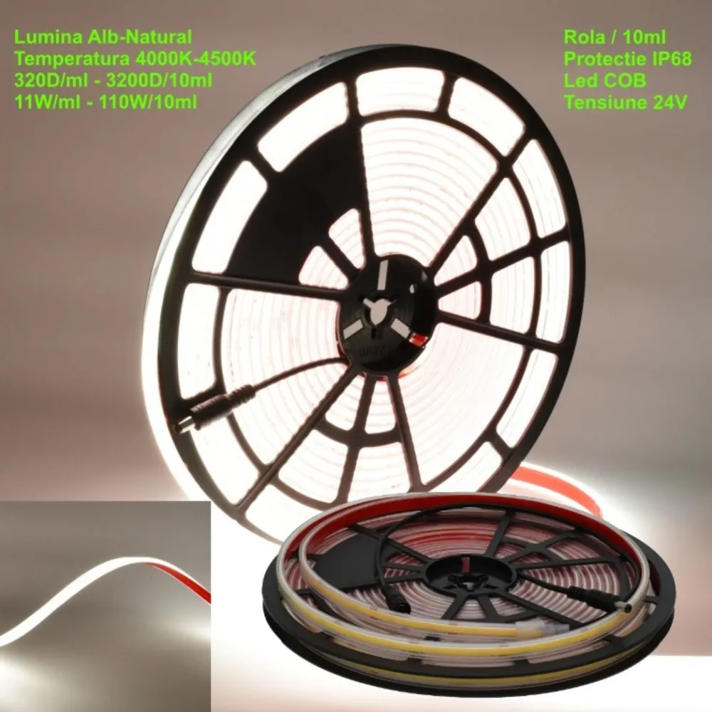 Banda LED COB 24V 11mm 320 LED/m Alb Neutru IP68 10m