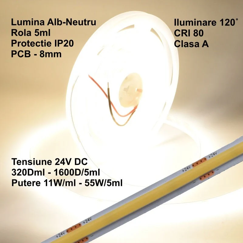 Banda LED COB 24V 8mm 320 LED/m Alb Natural 5m