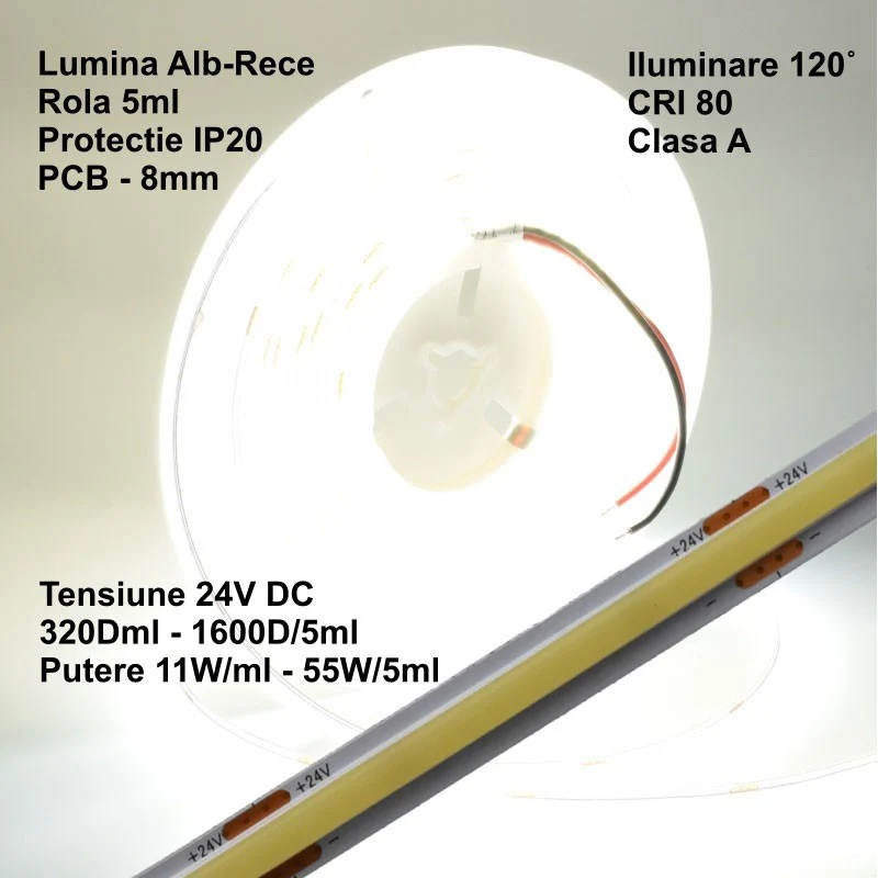 Banda LED COB 24V 8mm 320 LED/m Alb Rece 5m