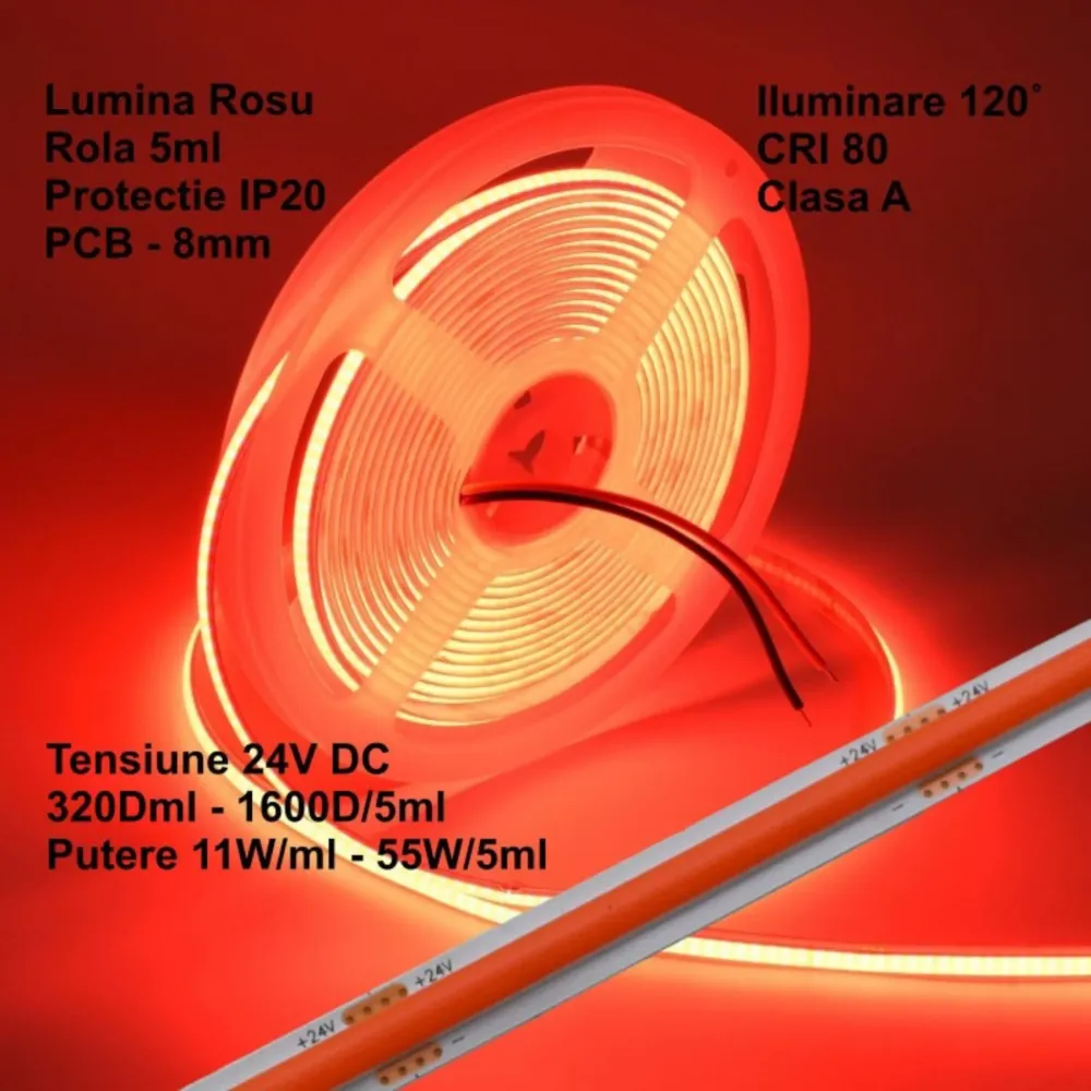 Banda LED COB 24V 8mm 320 LED/m Rosu 5m