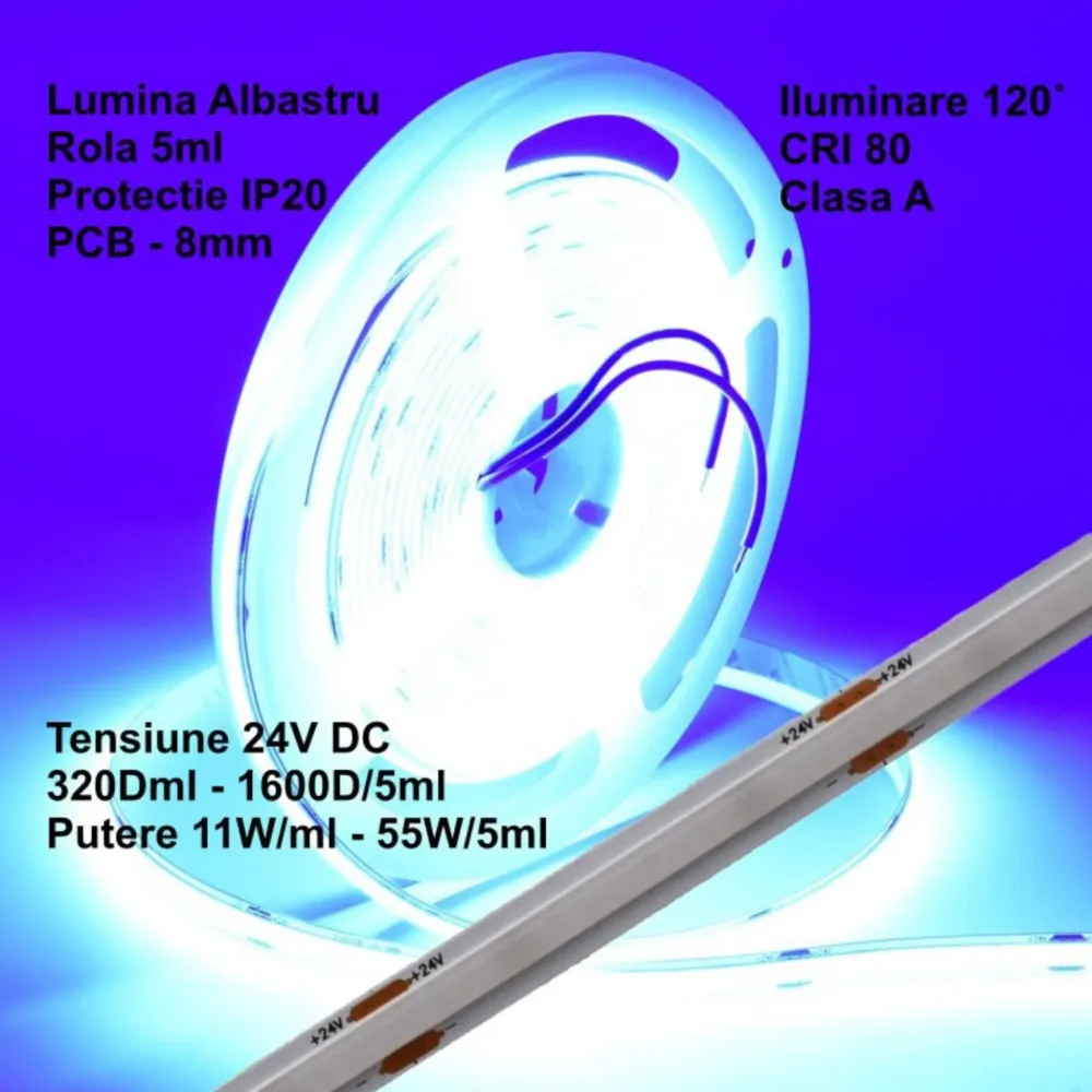 Banda LED COB 24V 8mm 320 LED/m Albastru 5m