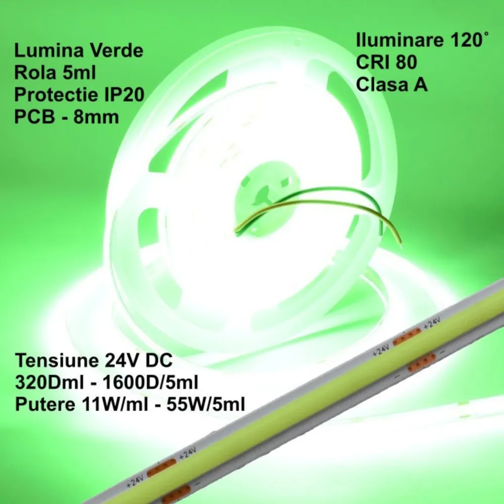 Banda LED COB 24V 8mm 320 LED/m Verde 5m