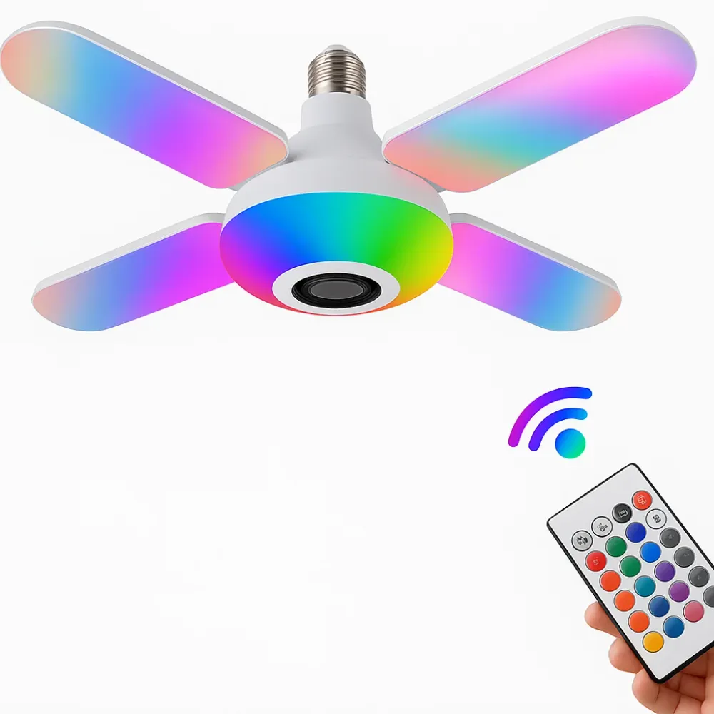 Bec LED, 4 elice, RGB, Boxa incorporata, bluetooth, telecomanda