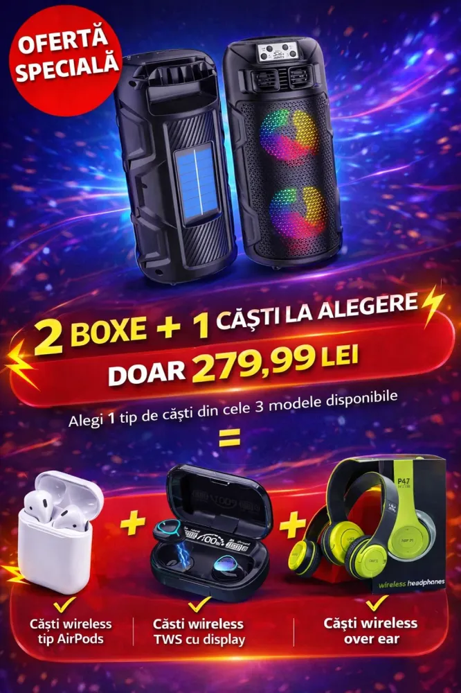 2 Boxe Portabile + 1 Set de Căști la Alegere