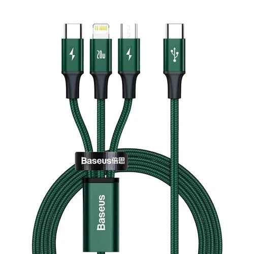 Cablu Baseus Rapid 3 în 1 USB-C/Lightning/micro USB 20W PD 1,5m - verde