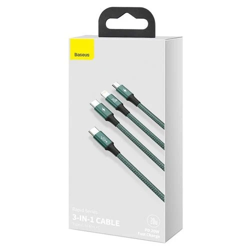 Cablu Baseus Rapid 3 în 1 USB-C/Lightning/micro USB 20W PD 1,5m - verde
