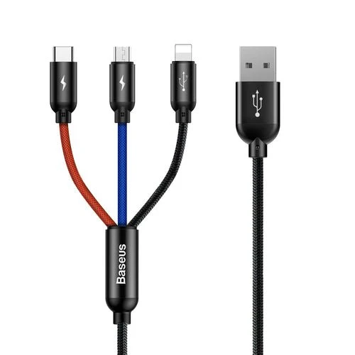 Cablu Baseus 3 în 1 USB-, 0,3 m, negru (micro USB, Lightning, USB-C)