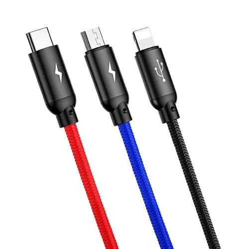 Cablu Baseus 3 în 1 USB-, 0,3 m, negru (micro USB, Lightning, USB-C)