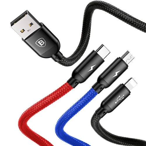 Cablu Baseus 3 în 1 USB-, 0,3 m, negru (micro USB, Lightning, USB-C)