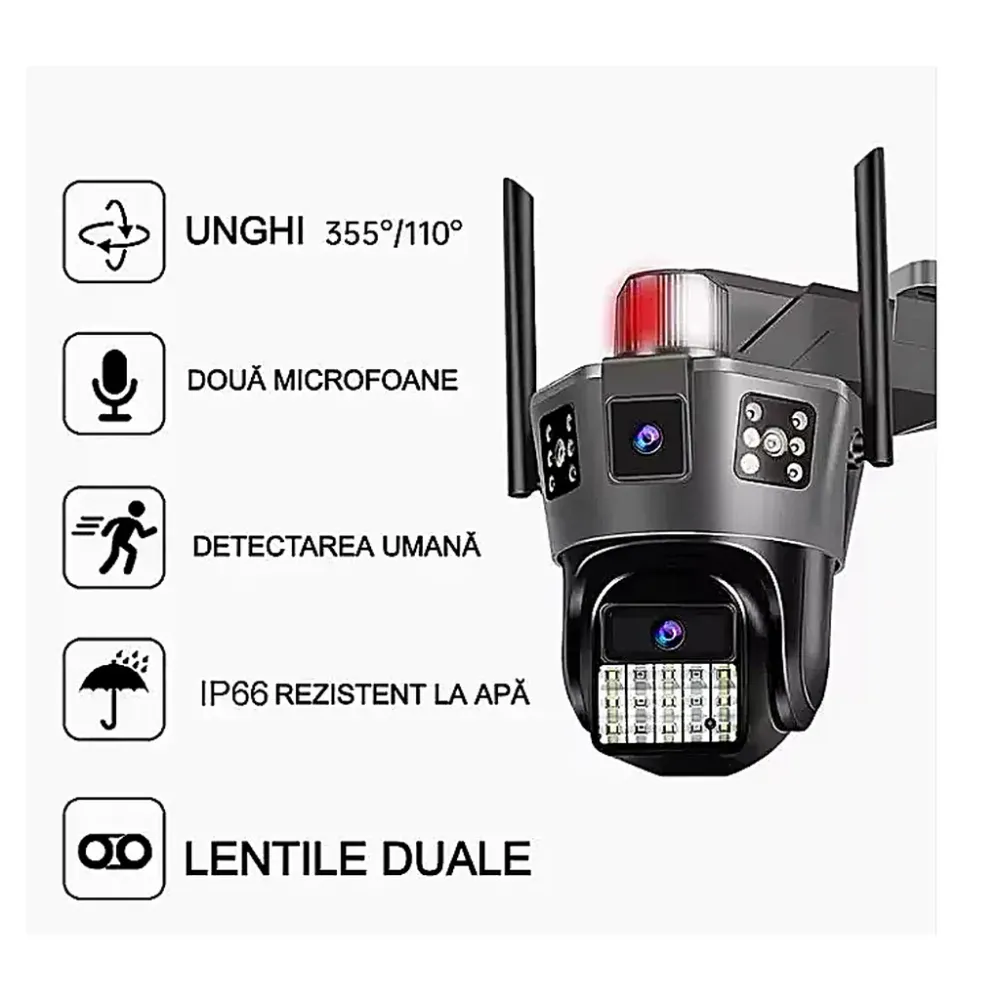 Cameră de Supraveghere AT PERFORMANCE® Exterior 4G SIM PTZ 355° – Triple Screen, Detectare Mișcare, Vedere Nocturnă HD