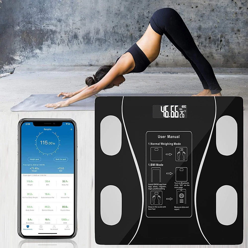 Cantar Bluetooth cu analiza corporala, display LED, sticla