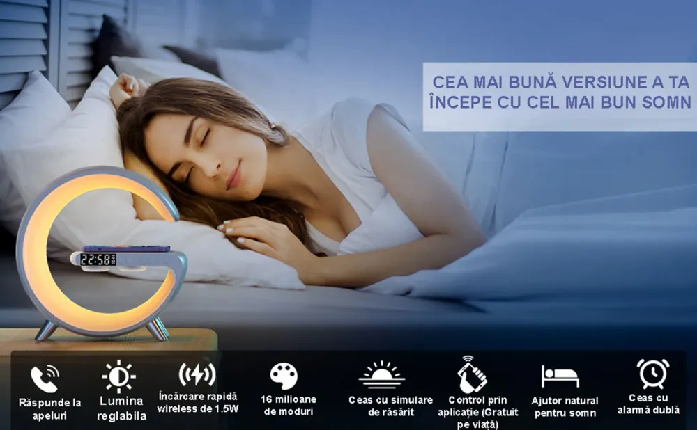 Ceas digital electronic de masa RGB cu incarcare wireless si boxa