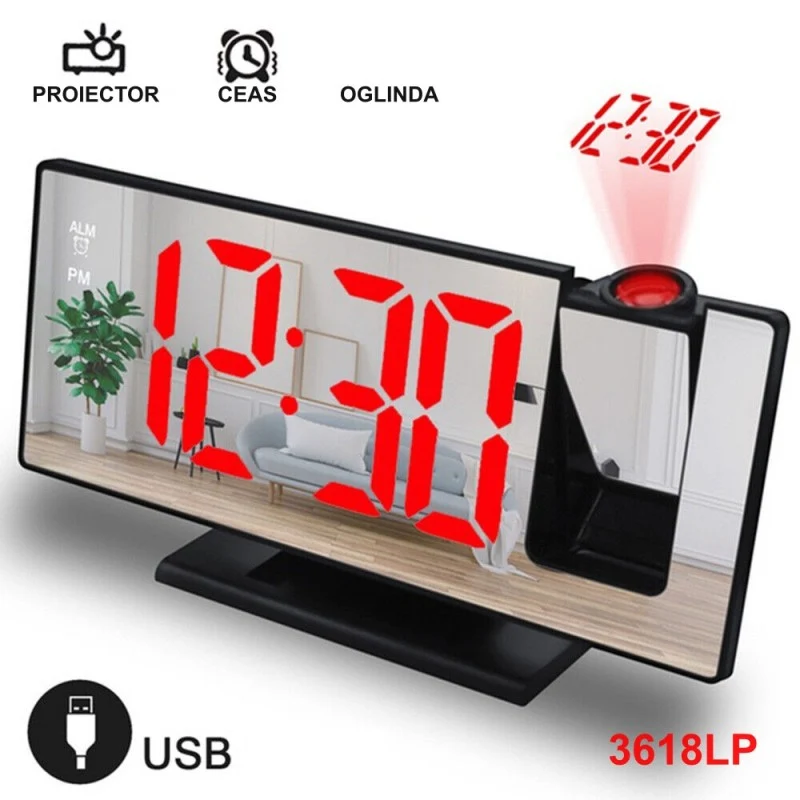 Ceas Modern cu Oglinda si Proiectie LED Rosu 3618LP