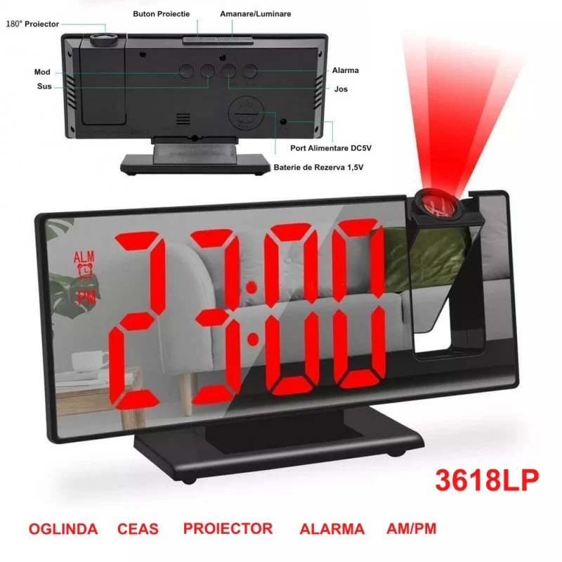Ceas Modern cu Oglinda si Proiectie LED Rosu 3618LP