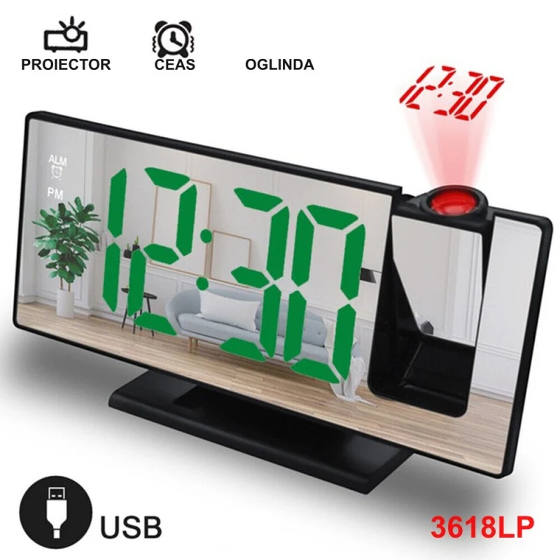 Ceas Modern cu Oglinda si Proiectie LED Verde 3618LP