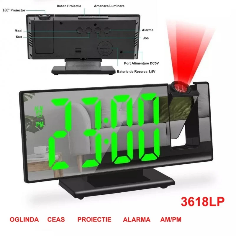 Ceas Modern cu Oglinda si Proiectie LED Verde 3618LP