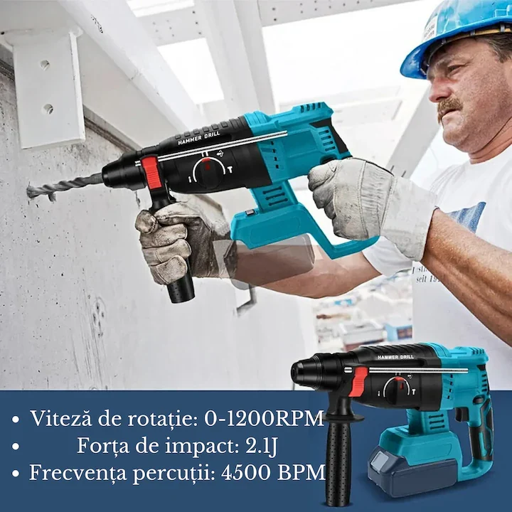 Ciocan Rotopercutor 48V , 0-1200RPM, 3 functii, 2 acumulatori