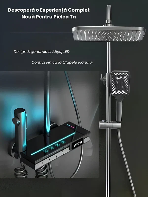 Coloană de duș inteligentă cu LED – Control termostatic, 4 moduri de pulverizare, Cap rotativ la 360°
