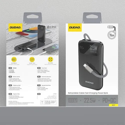 Dudao K31 10000 mAh 22,5 W PD cu cablu integrat - Negru