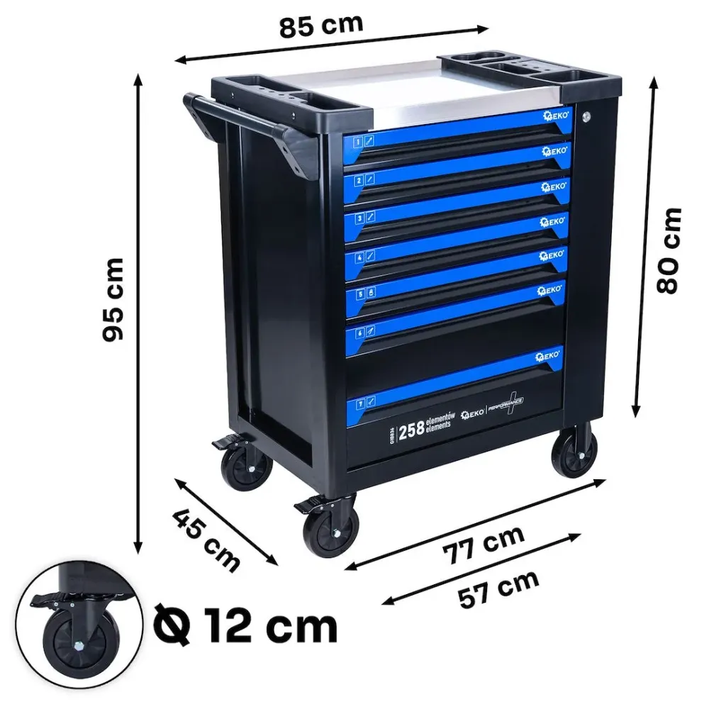 Dulap pentru atelier cu scule, 7 sertare, 258 bucati, Geko G10836