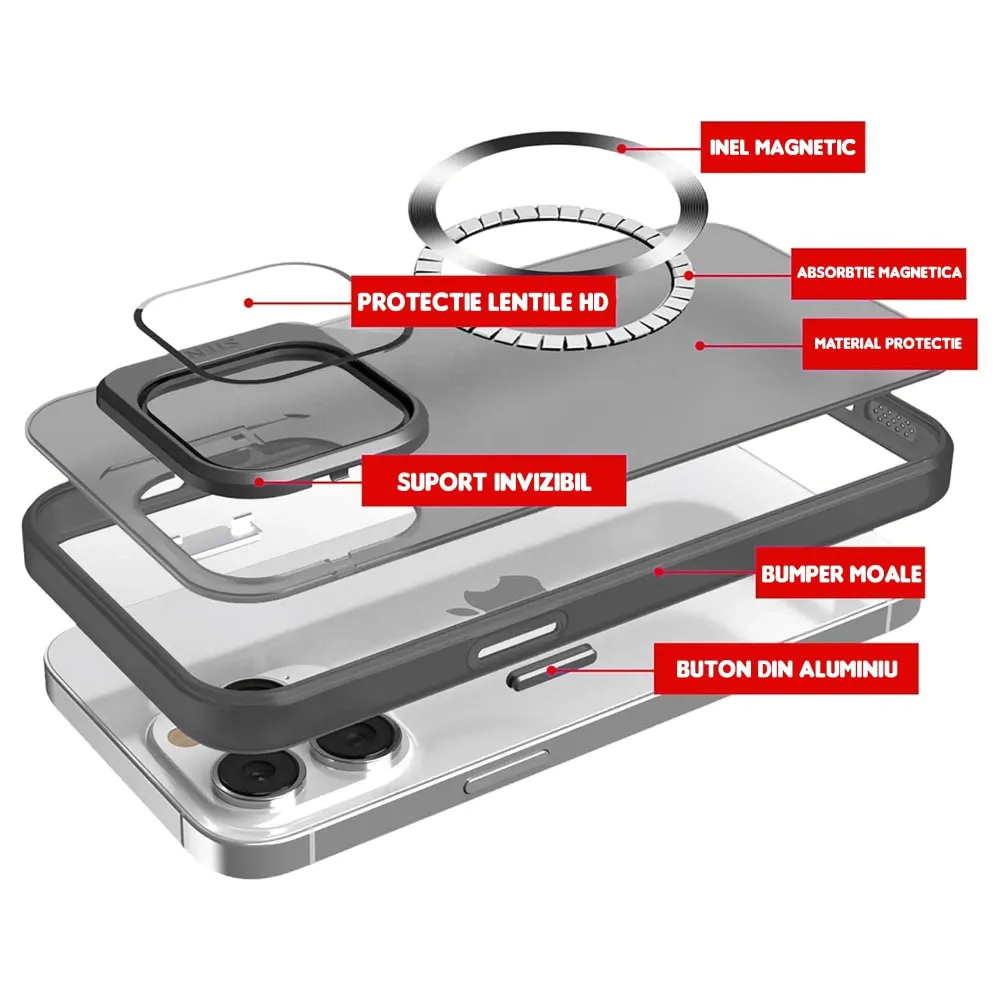 Husa de protectie Timebox, iPhone 15 Pro Max, Magsafe, Protectie camera, Negru
