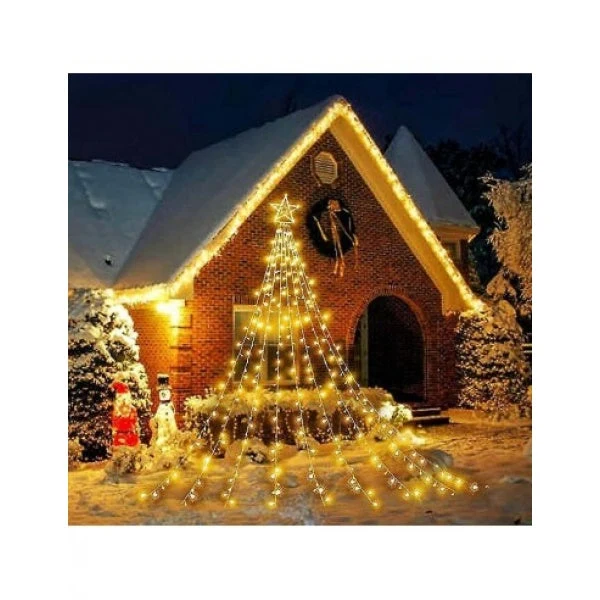 Instalatie solara perdea cu varf stea, 350 led , 9 franjuri si telecomanda