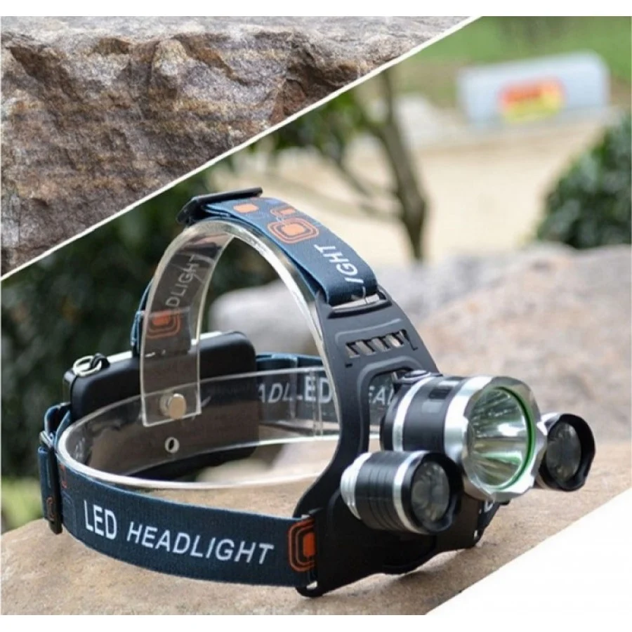 Lanterna de cap 3 x Led Cree XML, T6, frontala, cu lupa + 2x acumulatori 18650