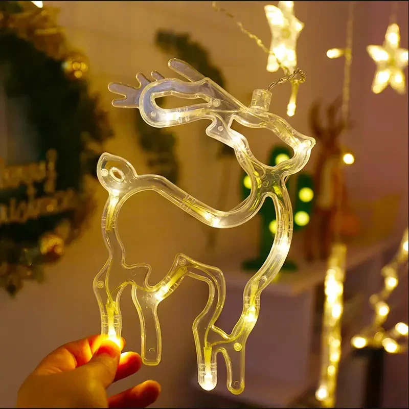 Luminițe de Crăciun tip perdea, decorata cu stele și reni, alb cald,alb rece sau multicolor