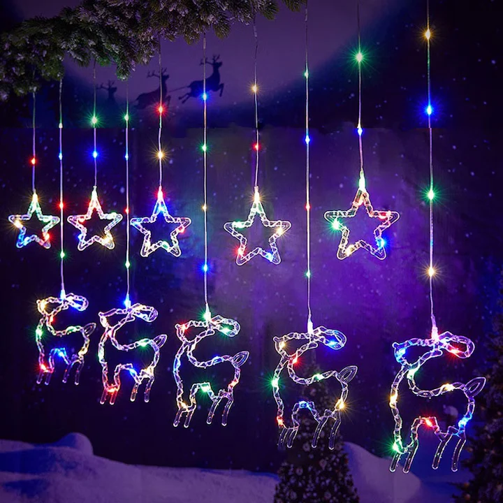 Luminițe de Crăciun tip perdea, decorata cu stele și reni, alb cald,alb rece sau multicolor