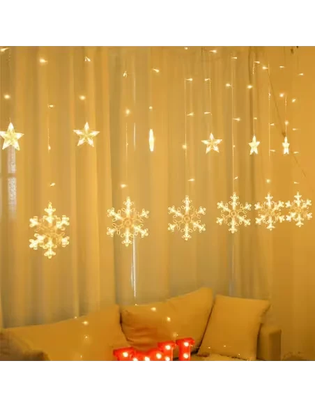 Luminițe de Crăciun tip perdea, decorata cu stele si fulgi, multicolor,alb cald sau alb rece