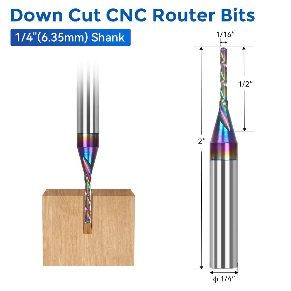 LUNYEE 2Pcs Downcut Spiral Router Bits 1/4 inch Shank,1/16 Inch Cutting Diameter